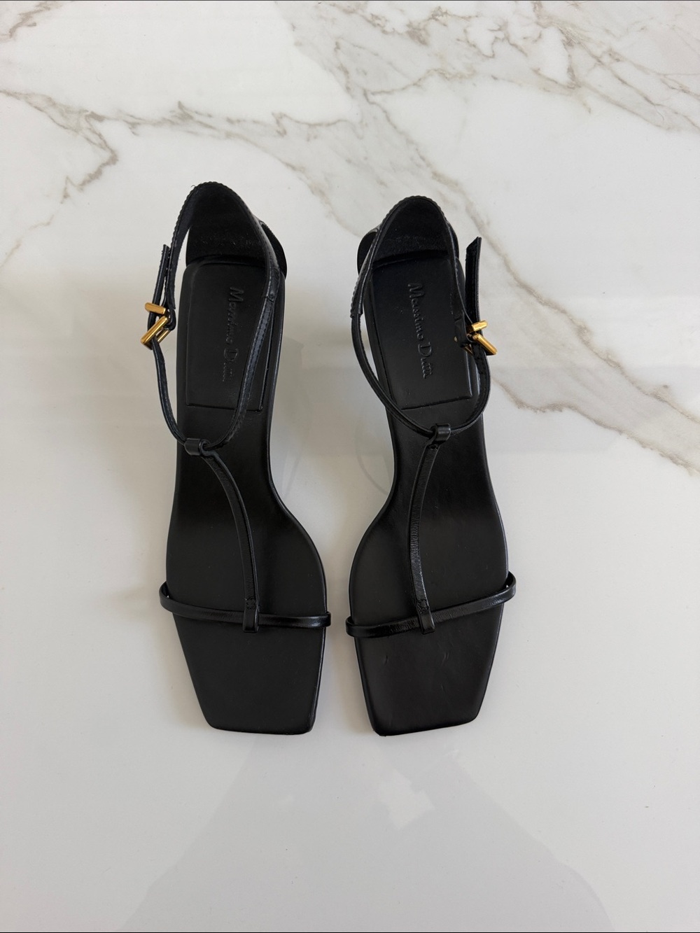 MASSIMO DUTTI Leather Kitten Heels Tstrap Sandal Size 8 39 Minimal Style Black